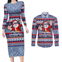 Fiji Christmas Couples Matching Long Sleeve Bodycon Dress and Long Sleeve Button Shirts Fijian Santa and Coat of Arms Mix Tapa Pattern Striped Style LT03 Blue - Polynesian Pride