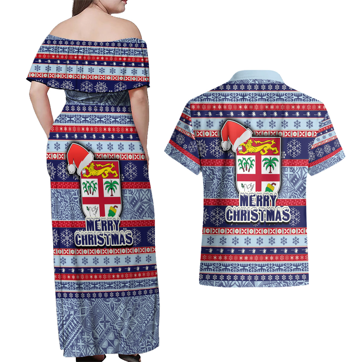 Fiji Christmas Couples Matching Off Shoulder Maxi Dress and Hawaiian Shirt Fijian Santa and Coat of Arms Mix Tapa Pattern Striped Style LT03 - Polynesian Pride