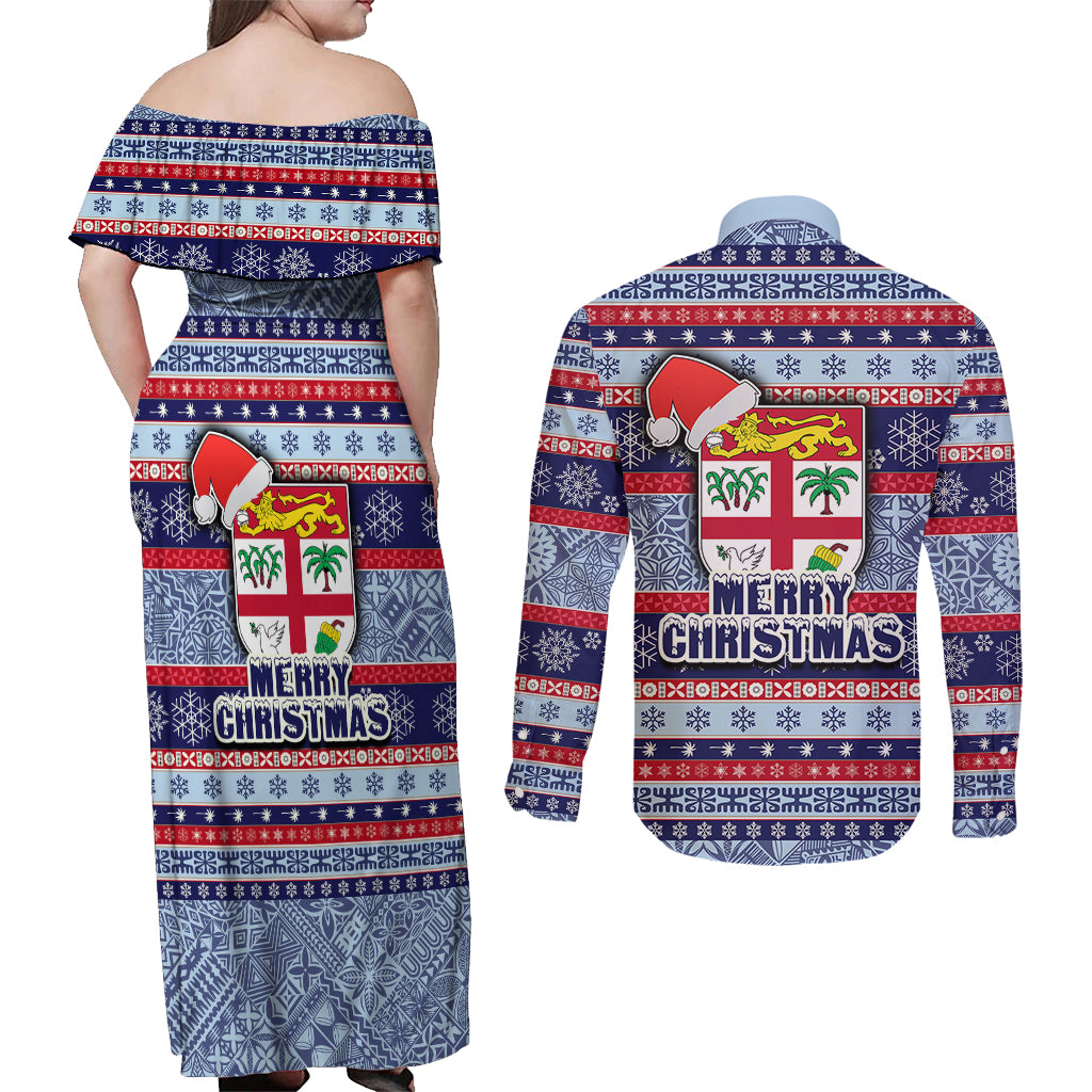 Fiji Christmas Couples Matching Off Shoulder Maxi Dress and Long Sleeve Button Shirts Fijian Santa and Coat of Arms Mix Tapa Pattern Striped Style LT03 - Polynesian Pride