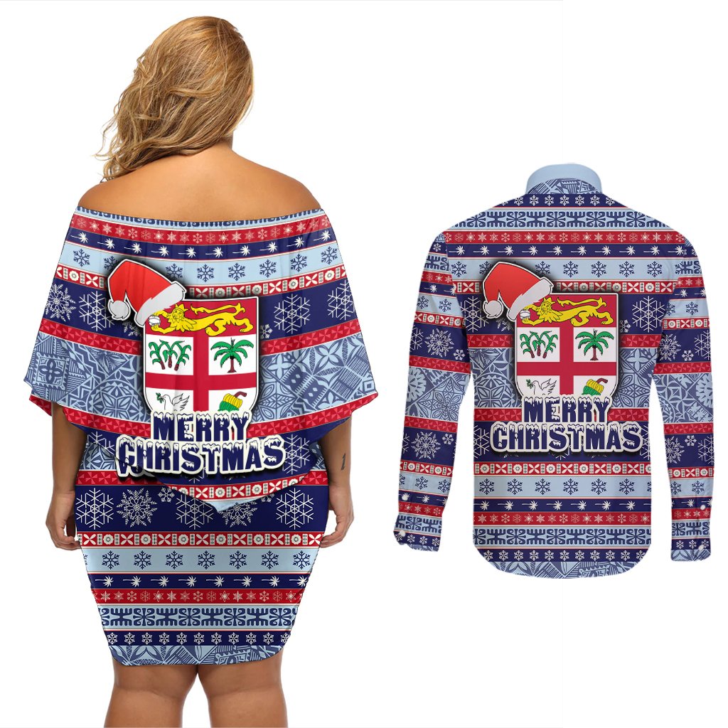 Fiji Christmas Couples Matching Off Shoulder Short Dress and Long Sleeve Button Shirts Fijian Santa and Coat of Arms Mix Tapa Pattern Striped Style LT03 - Polynesian Pride