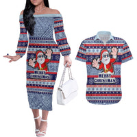 Fiji Christmas Couples Matching Off The Shoulder Long Sleeve Dress and Hawaiian Shirt Fijian Santa and Coat of Arms Mix Tapa Pattern Striped Style LT03 Blue - Polynesian Pride