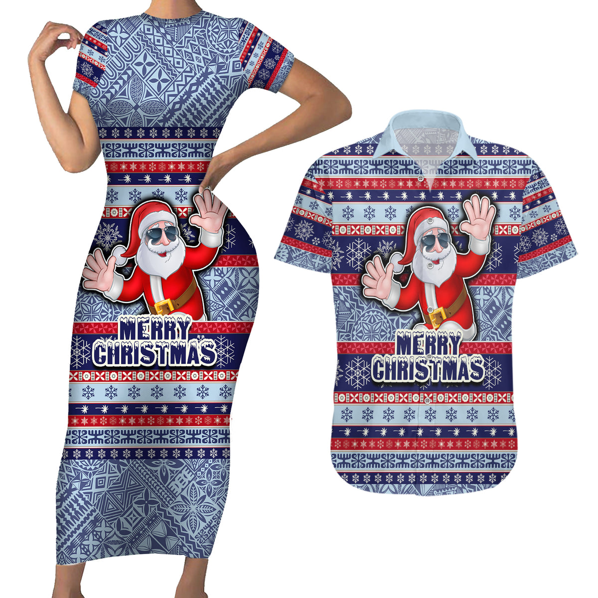 Fiji Christmas Couples Matching Short Sleeve Bodycon Dress and Hawaiian Shirt Fijian Santa and Coat of Arms Mix Tapa Pattern Striped Style LT03 Blue - Polynesian Pride