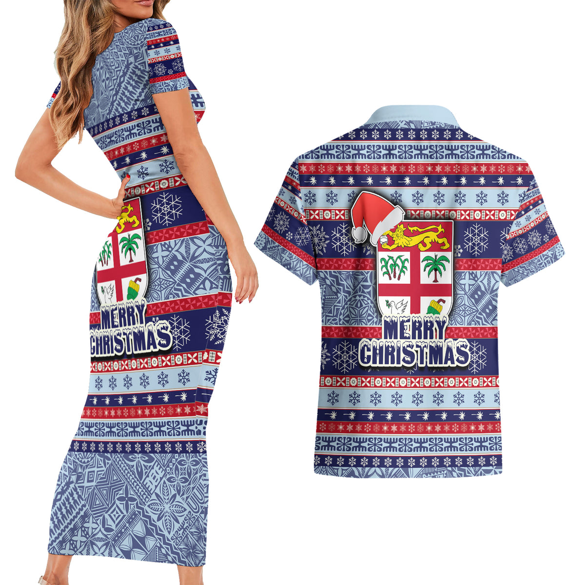 Fiji Christmas Couples Matching Short Sleeve Bodycon Dress and Hawaiian Shirt Fijian Santa and Coat of Arms Mix Tapa Pattern Striped Style LT03 - Polynesian Pride