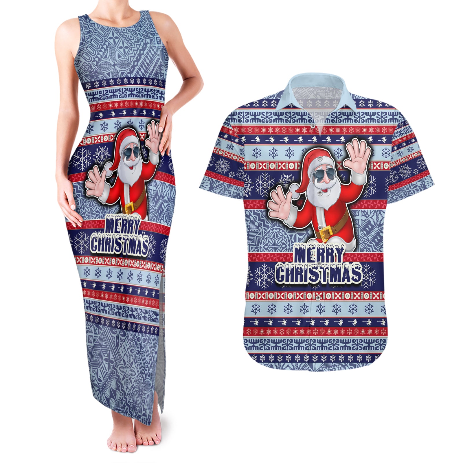 fiji-christmas-couples-matching-tank-maxi-dress-and-hawaiian-shirt-fijian-santa-and-coat-of-arms-mix-tapa-pattern-striped-style