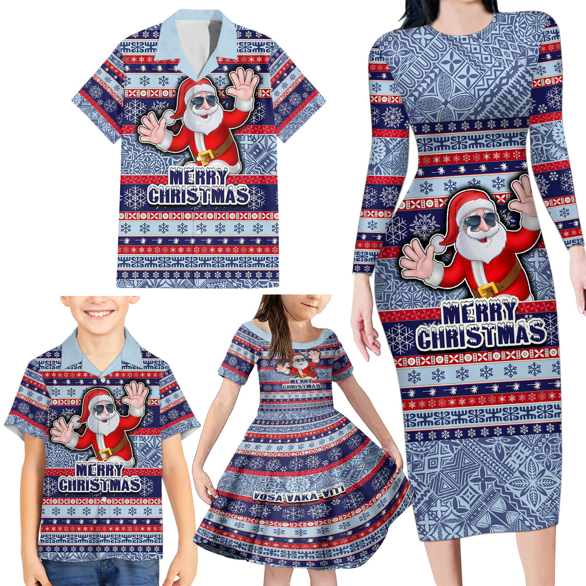 Fiji Christmas Family Matching Long Sleeve Bodycon Dress and Hawaiian Shirt Fijian Santa and Coat of Arms Mix Tapa Pattern Striped Style LT03 - Polynesian Pride