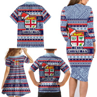 Fiji Christmas Family Matching Long Sleeve Bodycon Dress and Hawaiian Shirt Fijian Santa and Coat of Arms Mix Tapa Pattern Striped Style LT03 - Polynesian Pride