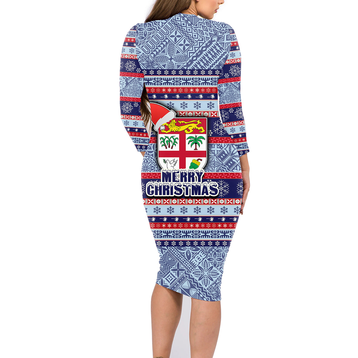 Fiji Christmas Family Matching Long Sleeve Bodycon Dress and Hawaiian Shirt Fijian Santa and Coat of Arms Mix Tapa Pattern Striped Style LT03 - Polynesian Pride