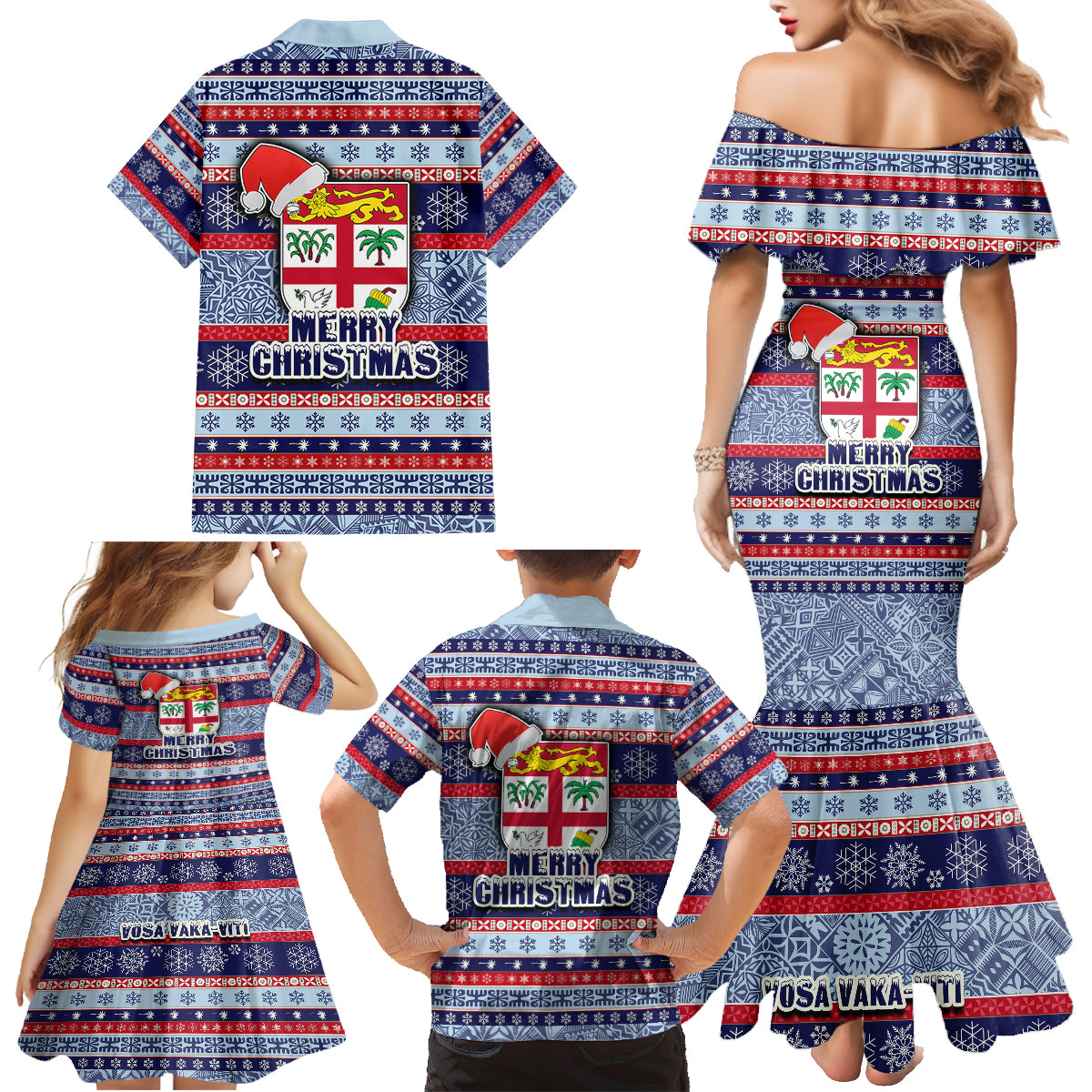 Fiji Christmas Family Matching Mermaid Dress and Hawaiian Shirt Fijian Santa and Coat of Arms Mix Tapa Pattern Striped Style LT03 - Polynesian Pride