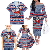 Fiji Christmas Family Matching Off Shoulder Long Sleeve Dress and Hawaiian Shirt Fijian Santa and Coat of Arms Mix Tapa Pattern Striped Style LT03 - Polynesian Pride