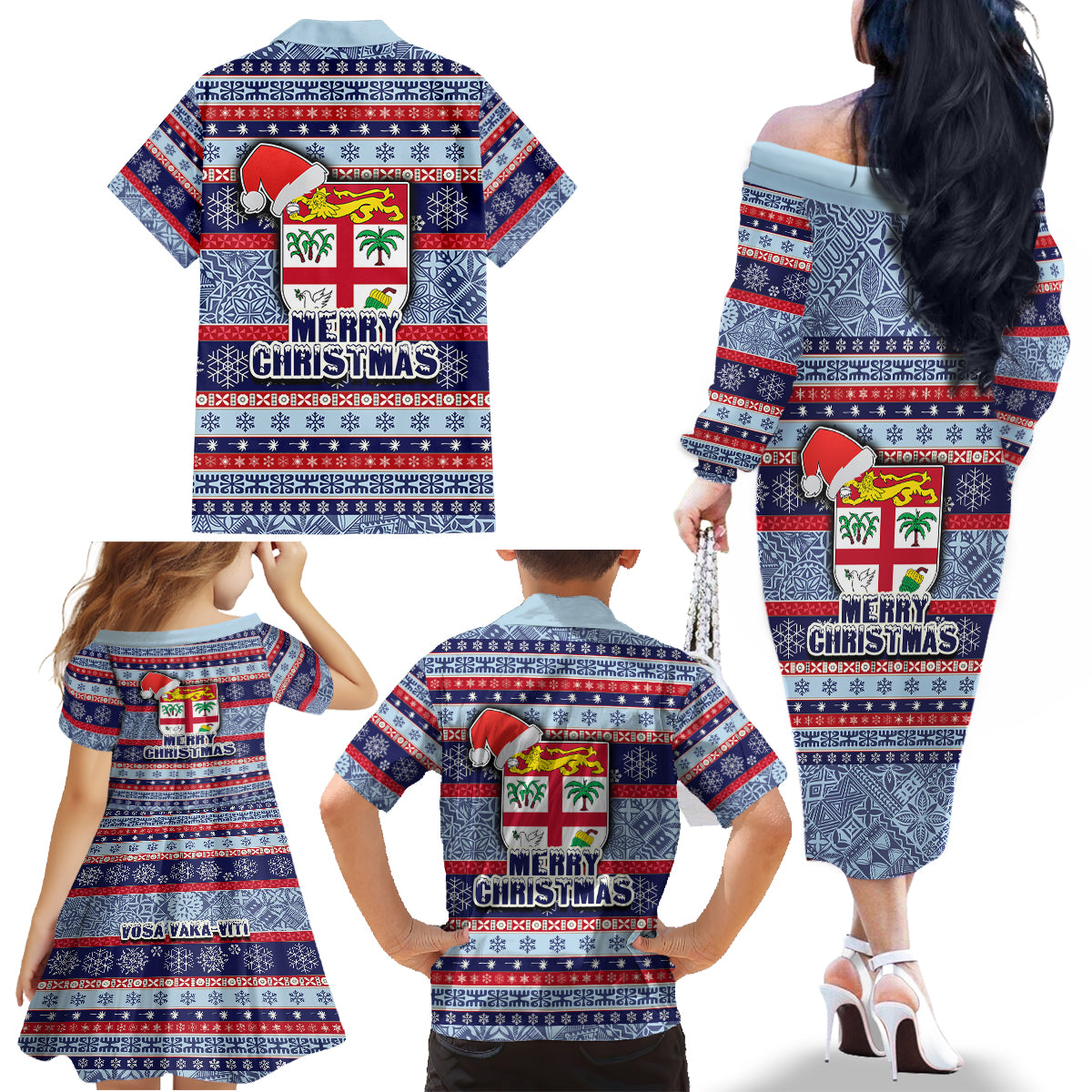 Fiji Christmas Family Matching Off Shoulder Long Sleeve Dress and Hawaiian Shirt Fijian Santa and Coat of Arms Mix Tapa Pattern Striped Style LT03 - Polynesian Pride