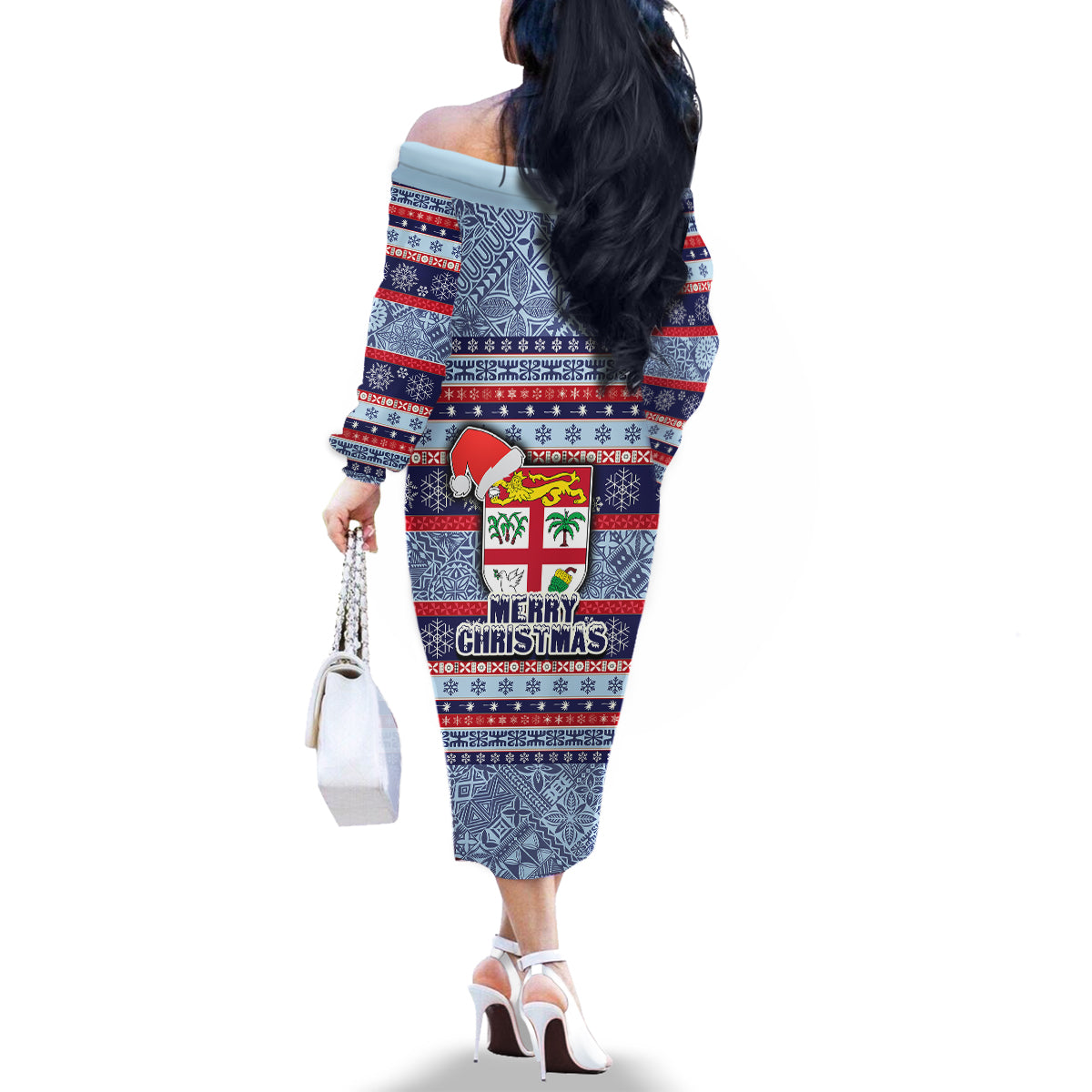 Fiji Christmas Family Matching Off Shoulder Long Sleeve Dress and Hawaiian Shirt Fijian Santa and Coat of Arms Mix Tapa Pattern Striped Style LT03 - Polynesian Pride
