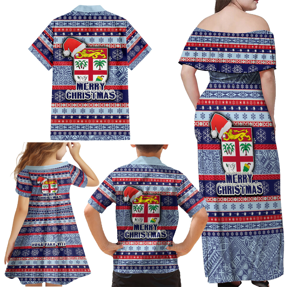 Fiji Christmas Family Matching Off Shoulder Maxi Dress and Hawaiian Shirt Fijian Santa and Coat of Arms Mix Tapa Pattern Striped Style LT03 - Polynesian Pride