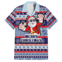 Fiji Christmas Family Matching Off Shoulder Maxi Dress and Hawaiian Shirt Fijian Santa and Coat of Arms Mix Tapa Pattern Striped Style LT03 Dad's Shirt - Short Sleeve Blue - Polynesian Pride