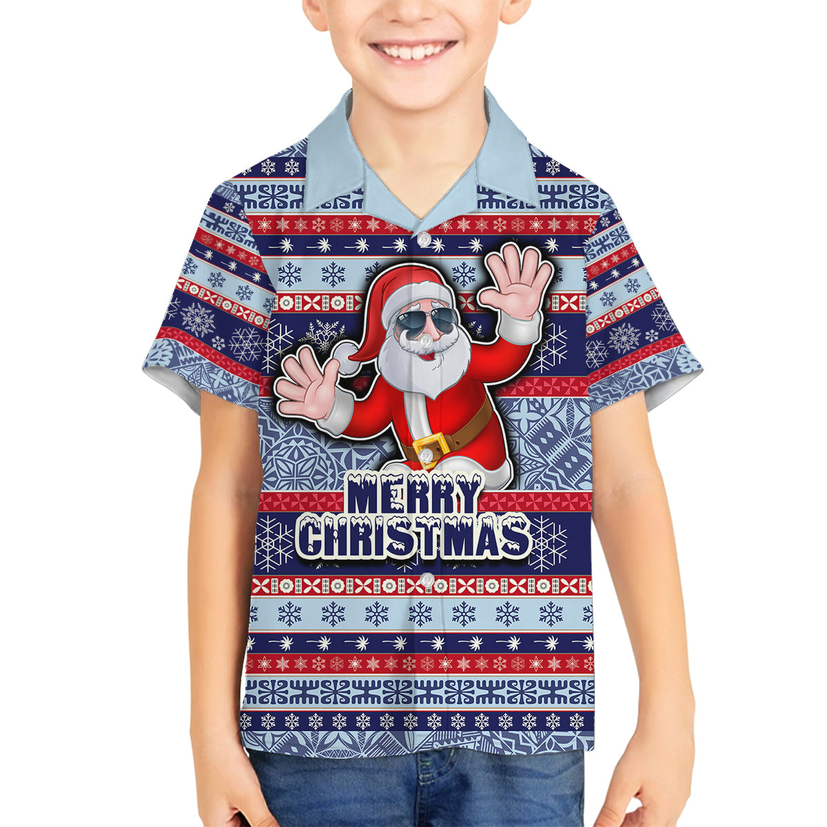 Fiji Christmas Family Matching Off Shoulder Maxi Dress and Hawaiian Shirt Fijian Santa and Coat of Arms Mix Tapa Pattern Striped Style LT03 Son's Shirt Blue - Polynesian Pride