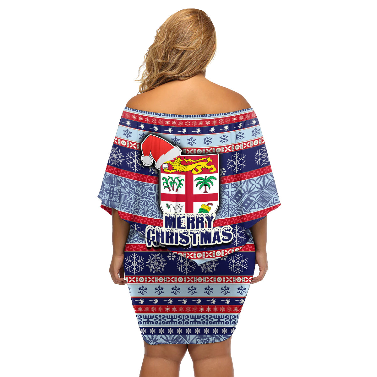 Fiji Christmas Family Matching Off Shoulder Short Dress and Hawaiian Shirt Fijian Santa and Coat of Arms Mix Tapa Pattern Striped Style LT03 - Polynesian Pride