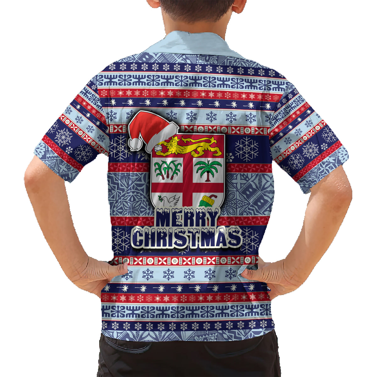 Fiji Christmas Family Matching Short Sleeve Bodycon Dress and Hawaiian Shirt Fijian Santa and Coat of Arms Mix Tapa Pattern Striped Style LT03 - Polynesian Pride