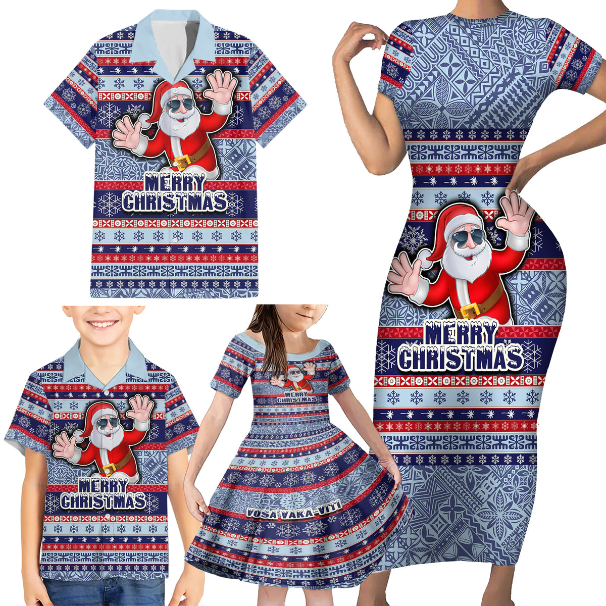Fiji Christmas Family Matching Short Sleeve Bodycon Dress and Hawaiian Shirt Fijian Santa and Coat of Arms Mix Tapa Pattern Striped Style LT03 - Polynesian Pride