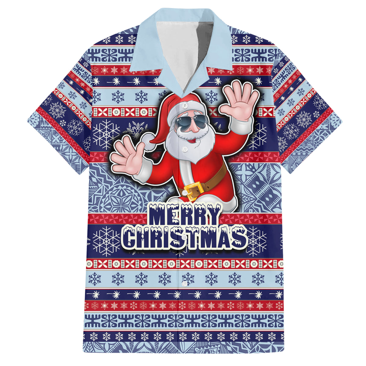 Fiji Christmas Family Matching Short Sleeve Bodycon Dress and Hawaiian Shirt Fijian Santa and Coat of Arms Mix Tapa Pattern Striped Style LT03 Dad's Shirt - Short Sleeve Blue - Polynesian Pride