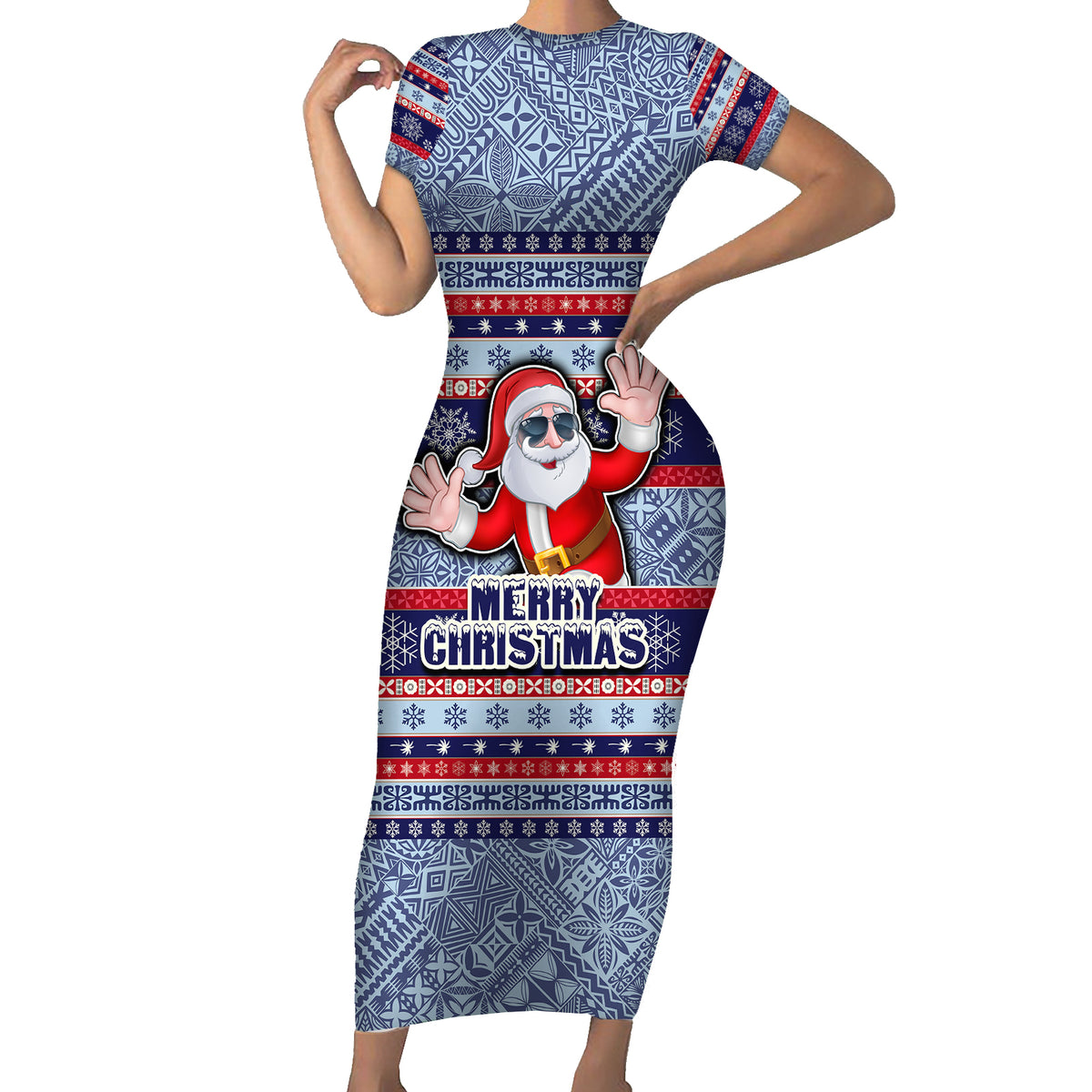 Fiji Christmas Family Matching Short Sleeve Bodycon Dress and Hawaiian Shirt Fijian Santa and Coat of Arms Mix Tapa Pattern Striped Style LT03 Mom's Dress Blue - Polynesian Pride
