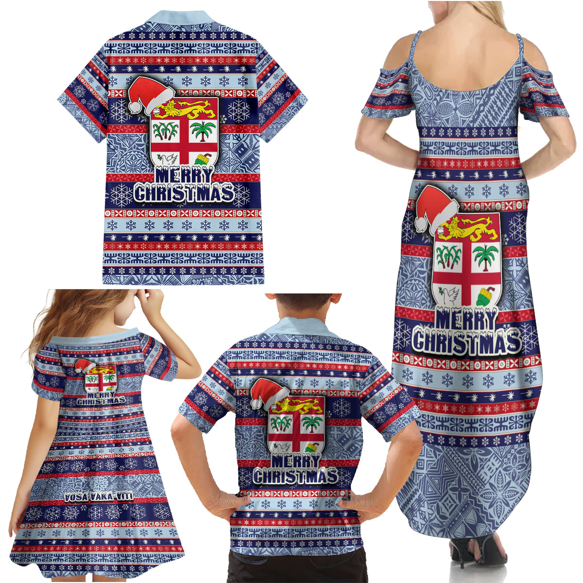 Fiji Christmas Family Matching Summer Maxi Dress and Hawaiian Shirt Fijian Santa and Coat of Arms Mix Tapa Pattern Striped Style LT03 - Polynesian Pride