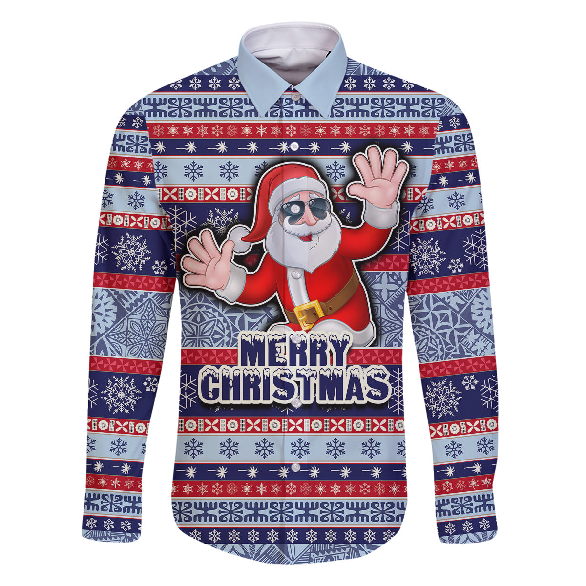 Fiji Christmas Family Matching Summer Maxi Dress and Hawaiian Shirt Fijian Santa and Coat of Arms Mix Tapa Pattern Striped Style LT03 Dad's Shirt - Long Sleeve Blue - Polynesian Pride