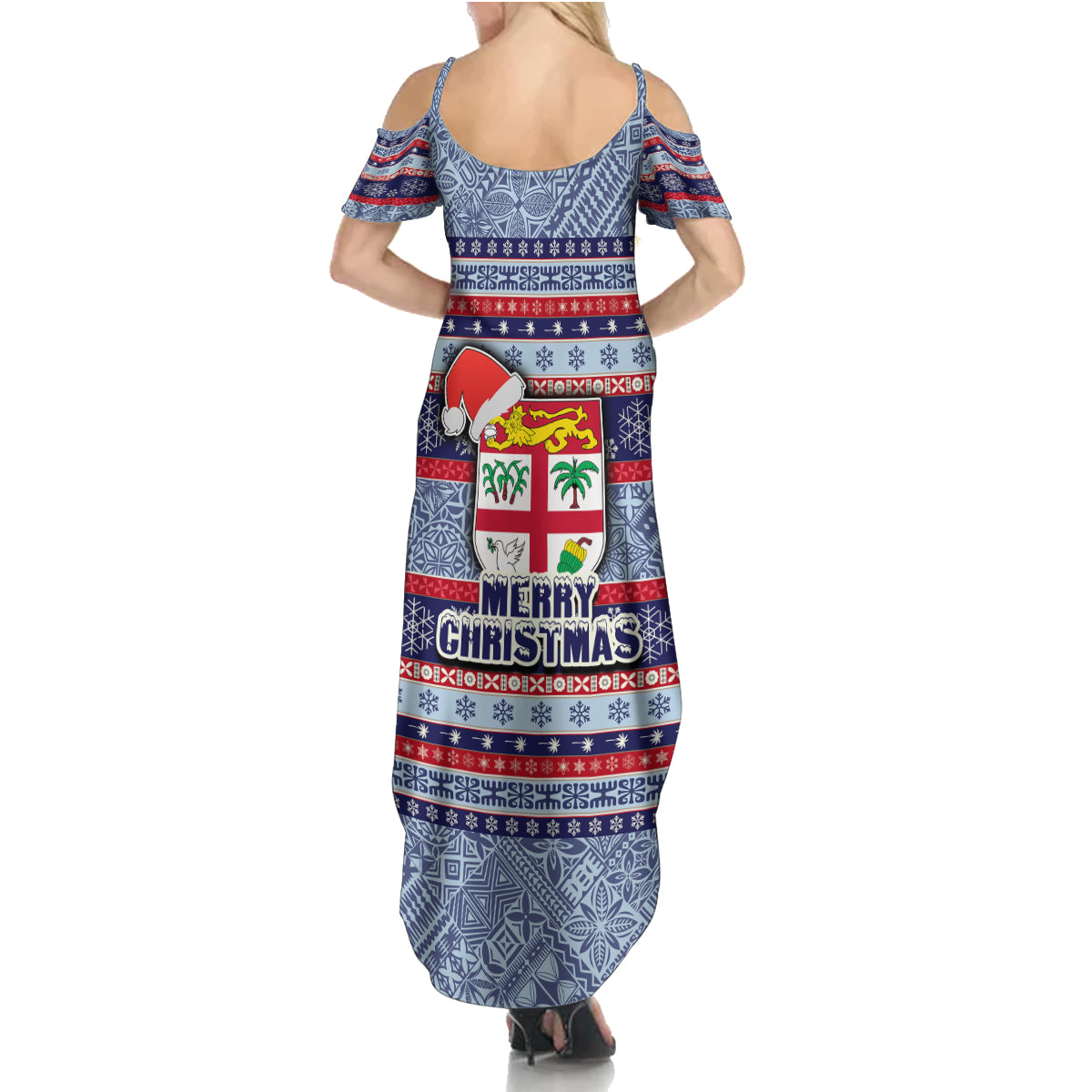 Fiji Christmas Family Matching Summer Maxi Dress and Hawaiian Shirt Fijian Santa and Coat of Arms Mix Tapa Pattern Striped Style LT03 - Polynesian Pride