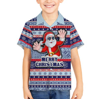 Fiji Christmas Family Matching Summer Maxi Dress and Hawaiian Shirt Fijian Santa and Coat of Arms Mix Tapa Pattern Striped Style LT03 Son's Shirt Blue - Polynesian Pride