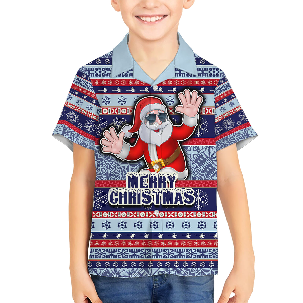 Fiji Christmas Kid Hawaiian Shirt Fijian Santa and Coat of Arms Mix Tapa Pattern Striped Style LT03 Kid Blue - Polynesian Pride