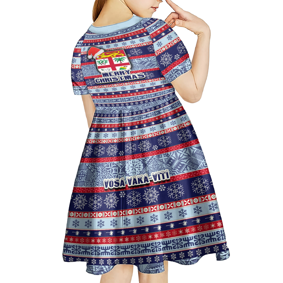 Fiji Christmas Kid Short Sleeve Dress Fijian Santa and Coat of Arms Mix Tapa Pattern Striped Style LT03 - Polynesian Pride