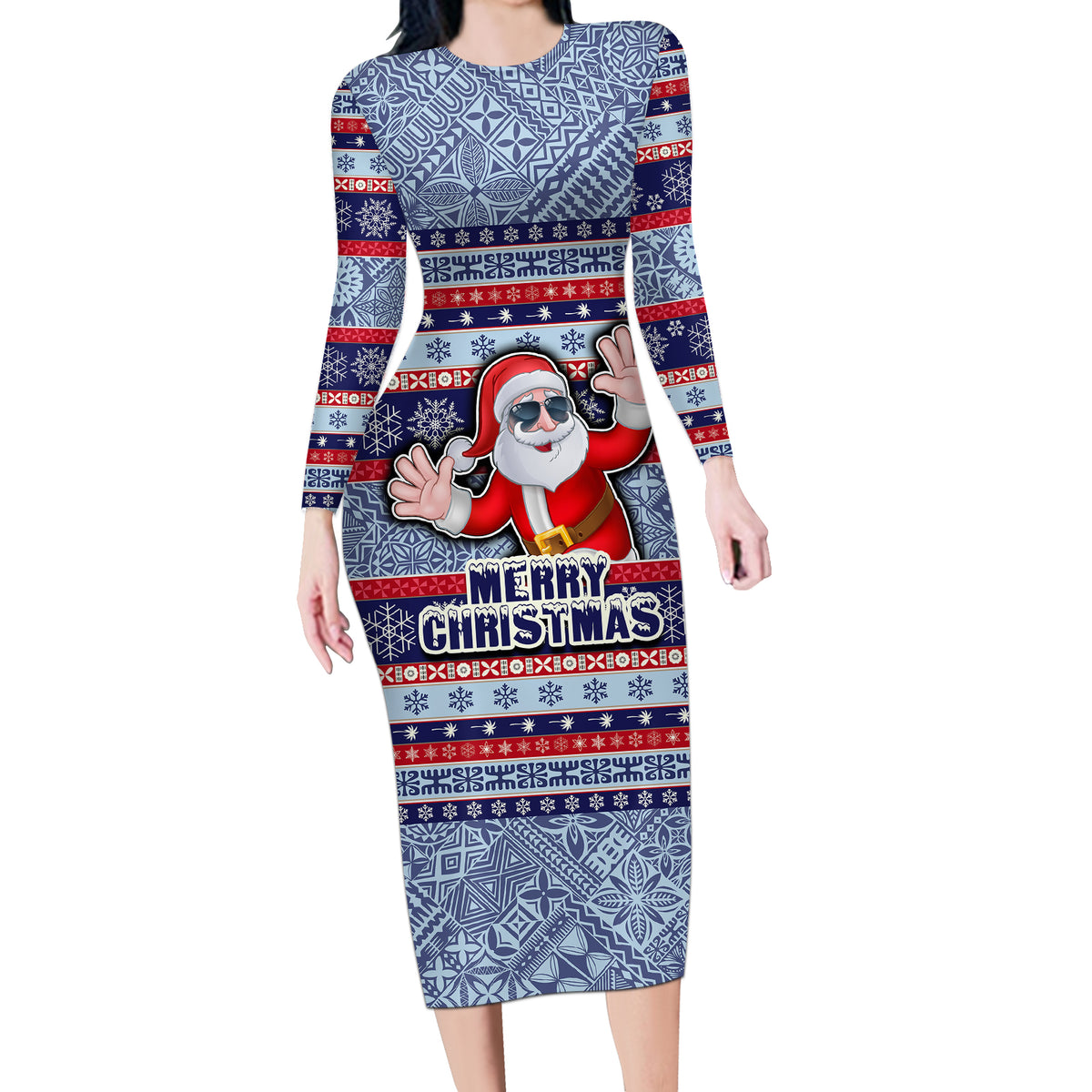 Fiji Christmas Long Sleeve Bodycon Dress Fijian Santa and Coat of Arms Mix Tapa Pattern Striped Style LT03 Long Dress Blue - Polynesian Pride