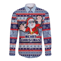 Fiji Christmas Long Sleeve Button Shirt Fijian Santa and Coat of Arms Mix Tapa Pattern Striped Style LT03 Unisex Blue - Polynesian Pride