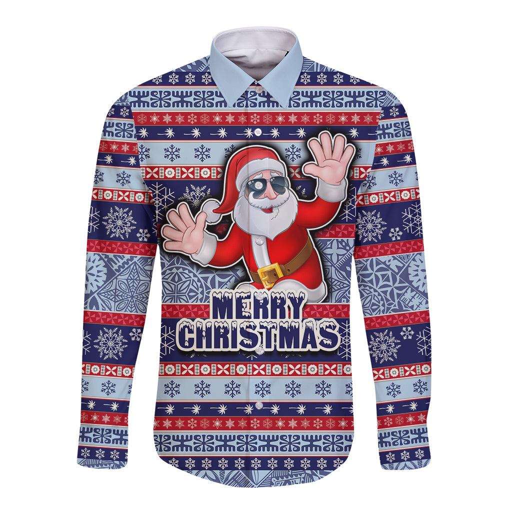 Fiji Christmas Long Sleeve Button Shirt Fijian Santa and Coat of Arms Mix Tapa Pattern Striped Style LT03 Unisex Blue - Polynesian Pride