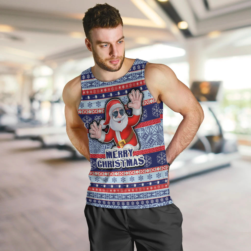 Fiji Christmas Men Tank Top Fijian Santa and Coat of Arms Mix Tapa Pattern Striped Style LT03 - Polynesian Pride