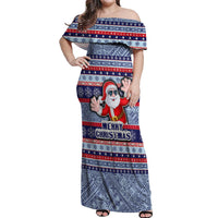 Fiji Christmas Off Shoulder Maxi Dress Fijian Santa and Coat of Arms Mix Tapa Pattern Striped Style LT03 Women Blue - Polynesian Pride
