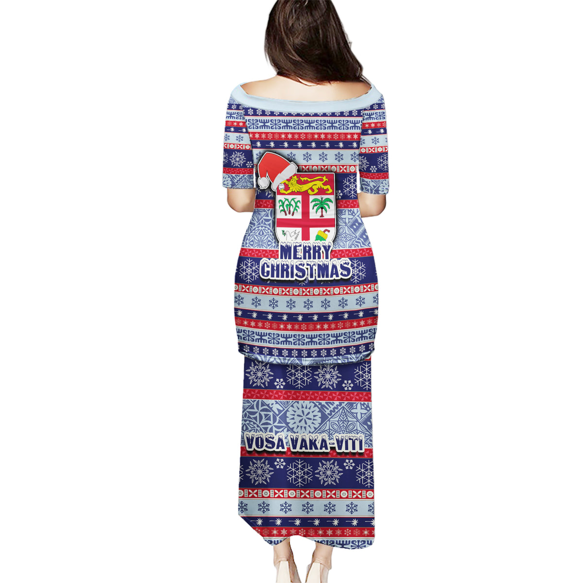 Fiji Christmas Puletasi Fijian Santa and Coat of Arms Mix Tapa Pattern Striped Style LT03 - Polynesian Pride