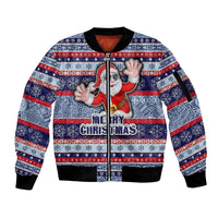 Fiji Christmas Sleeve Zip Bomber Jacket Fijian Santa and Coat of Arms Mix Tapa Pattern Striped Style LT03 Unisex Blue - Polynesian Pride