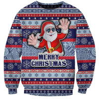 Fiji Christmas Sweatshirt Fijian Santa and Coat of Arms Mix Tapa Pattern Striped Style LT03 Unisex Blue - Polynesian Pride