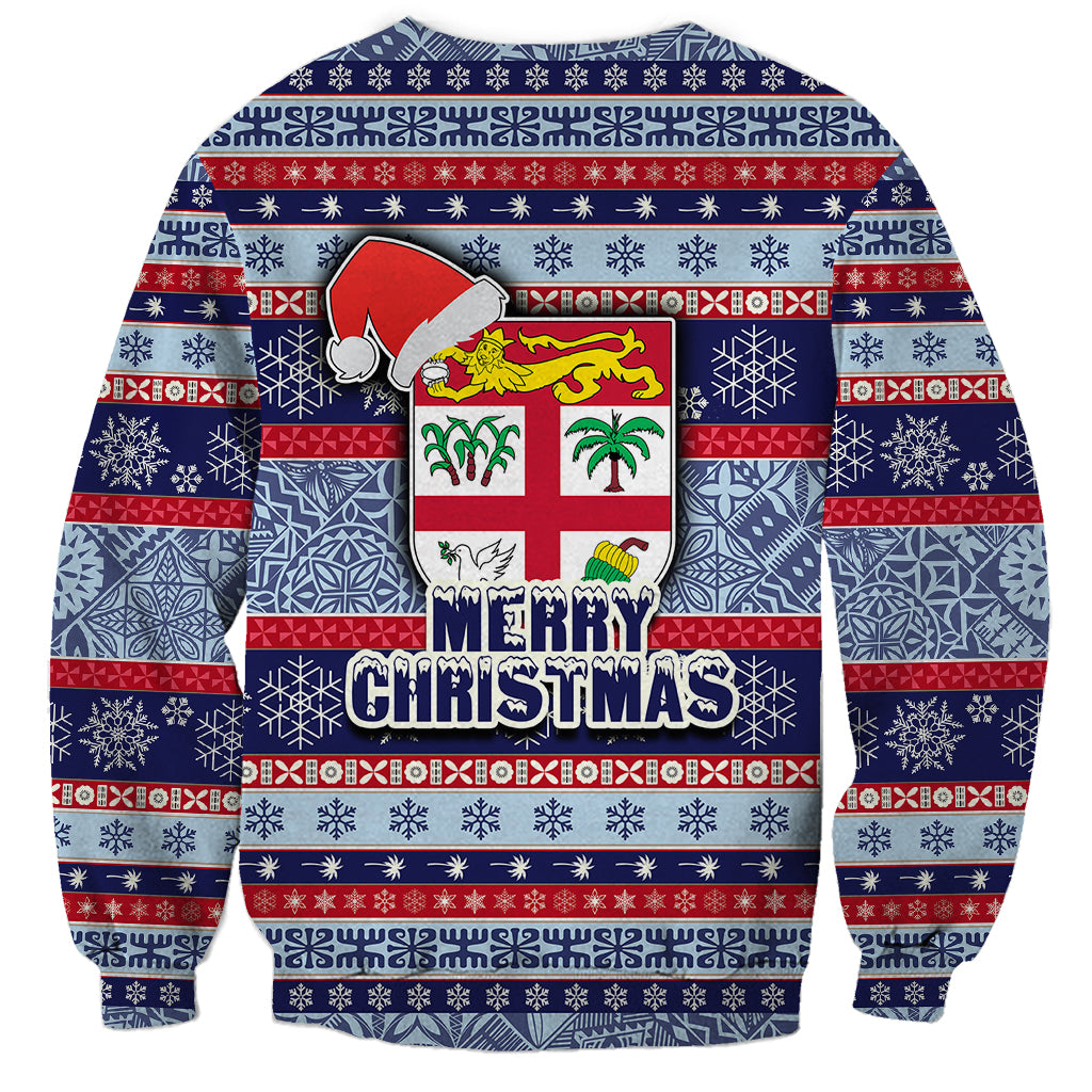 Fiji Christmas Sweatshirt Fijian Santa and Coat of Arms Mix Tapa Pattern Striped Style LT03 - Polynesian Pride