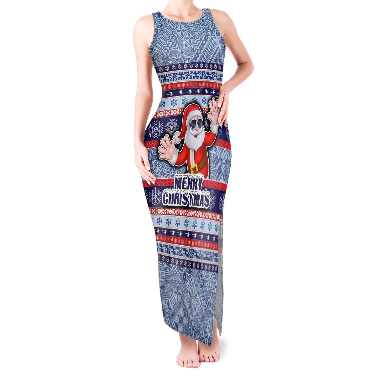 Fiji Christmas Tank Maxi Dress Fijian Santa and Coat of Arms Mix Tapa Pattern Striped Style LT03 Women Blue - Polynesian Pride
