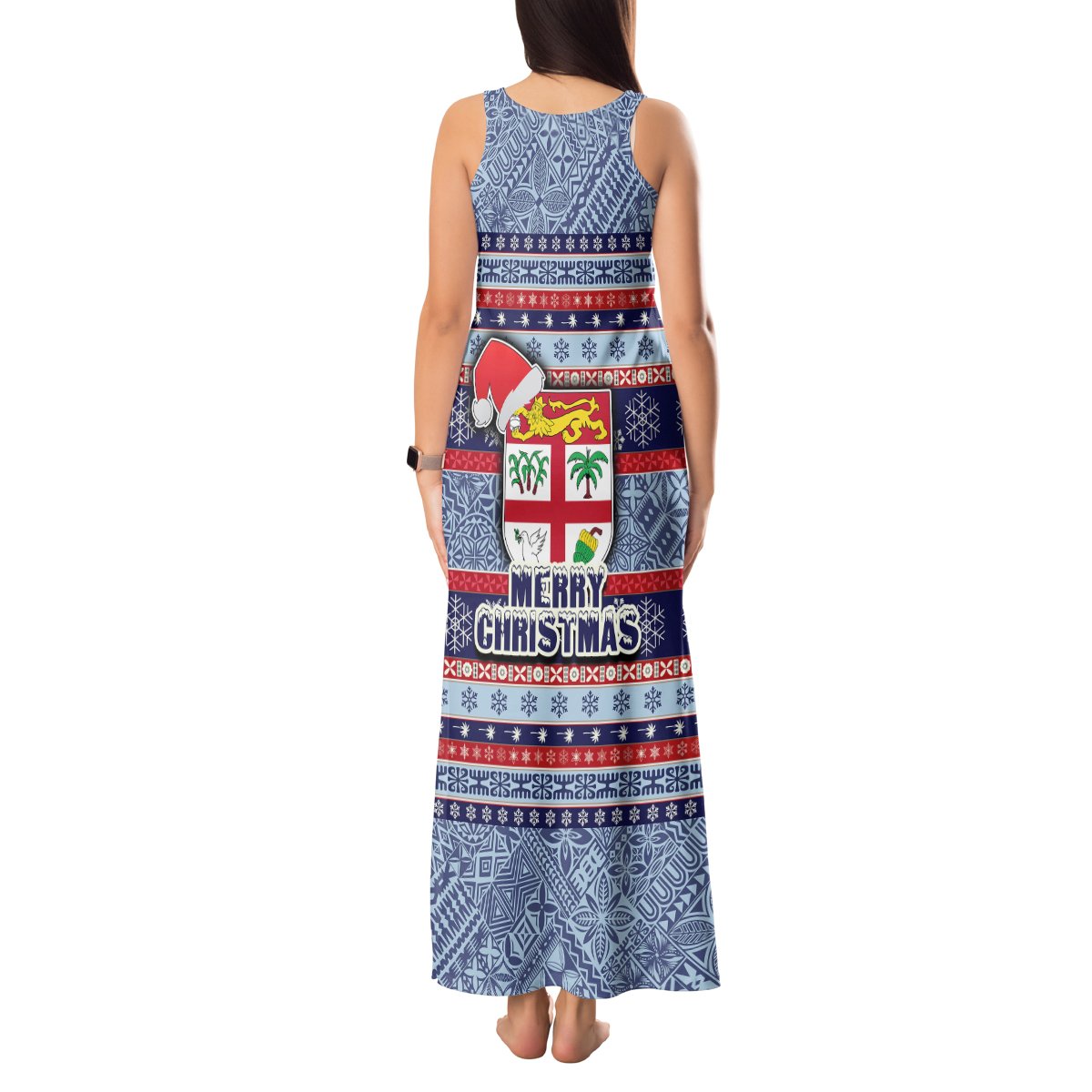 Fiji Christmas Tank Maxi Dress Fijian Santa and Coat of Arms Mix Tapa Pattern Striped Style LT03 - Polynesian Pride