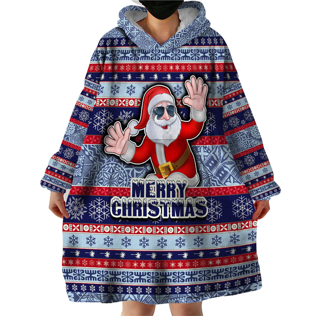 Fiji Christmas Wearable Blanket Hoodie Fijian Santa and Coat of Arms Mix Tapa Pattern Striped Style LT03 - Polynesian Pride