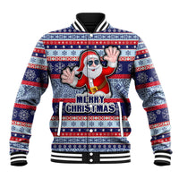 Custom Fiji Christmas Baseball Jacket Fijian Santa and Coat of Arms Mix Tapa Pattern Striped Style LT03 Unisex Blue - Polynesian Pride
