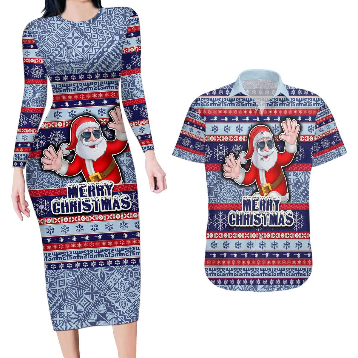 Custom Fiji Christmas Couples Matching Long Sleeve Bodycon Dress and Hawaiian Shirt Fijian Santa and Coat of Arms Mix Tapa Pattern Striped Style LT03 Blue - Polynesian Pride