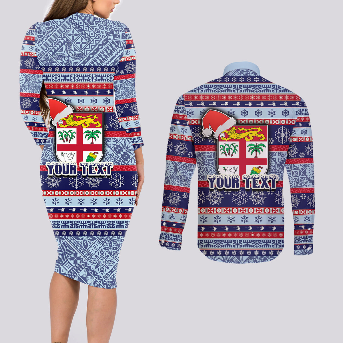Custom Fiji Christmas Couples Matching Long Sleeve Bodycon Dress and Long Sleeve Button Shirts Fijian Santa and Coat of Arms Mix Tapa Pattern Striped Style LT03 - Polynesian Pride