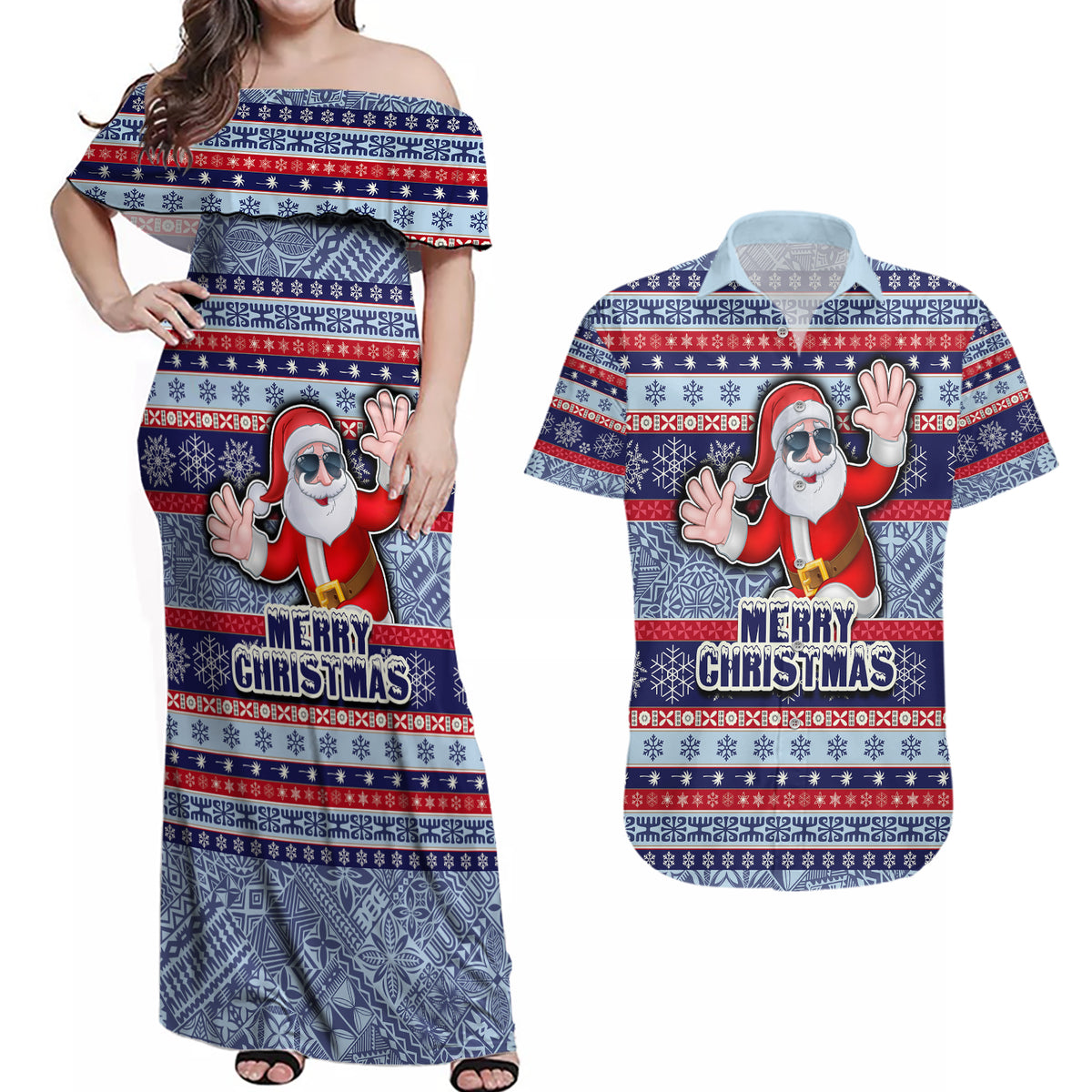 Custom Fiji Christmas Couples Matching Off Shoulder Maxi Dress and Hawaiian Shirt Fijian Santa and Coat of Arms Mix Tapa Pattern Striped Style LT03 Blue - Polynesian Pride
