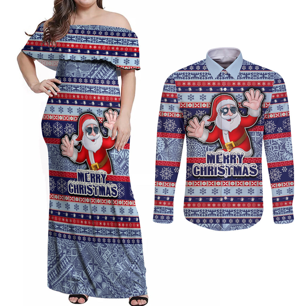 Custom Fiji Christmas Couples Matching Off Shoulder Maxi Dress and Long Sleeve Button Shirts Fijian Santa and Coat of Arms Mix Tapa Pattern Striped Style LT03 Blue - Polynesian Pride