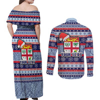 Custom Fiji Christmas Couples Matching Off Shoulder Maxi Dress and Long Sleeve Button Shirts Fijian Santa and Coat of Arms Mix Tapa Pattern Striped Style LT03 - Polynesian Pride
