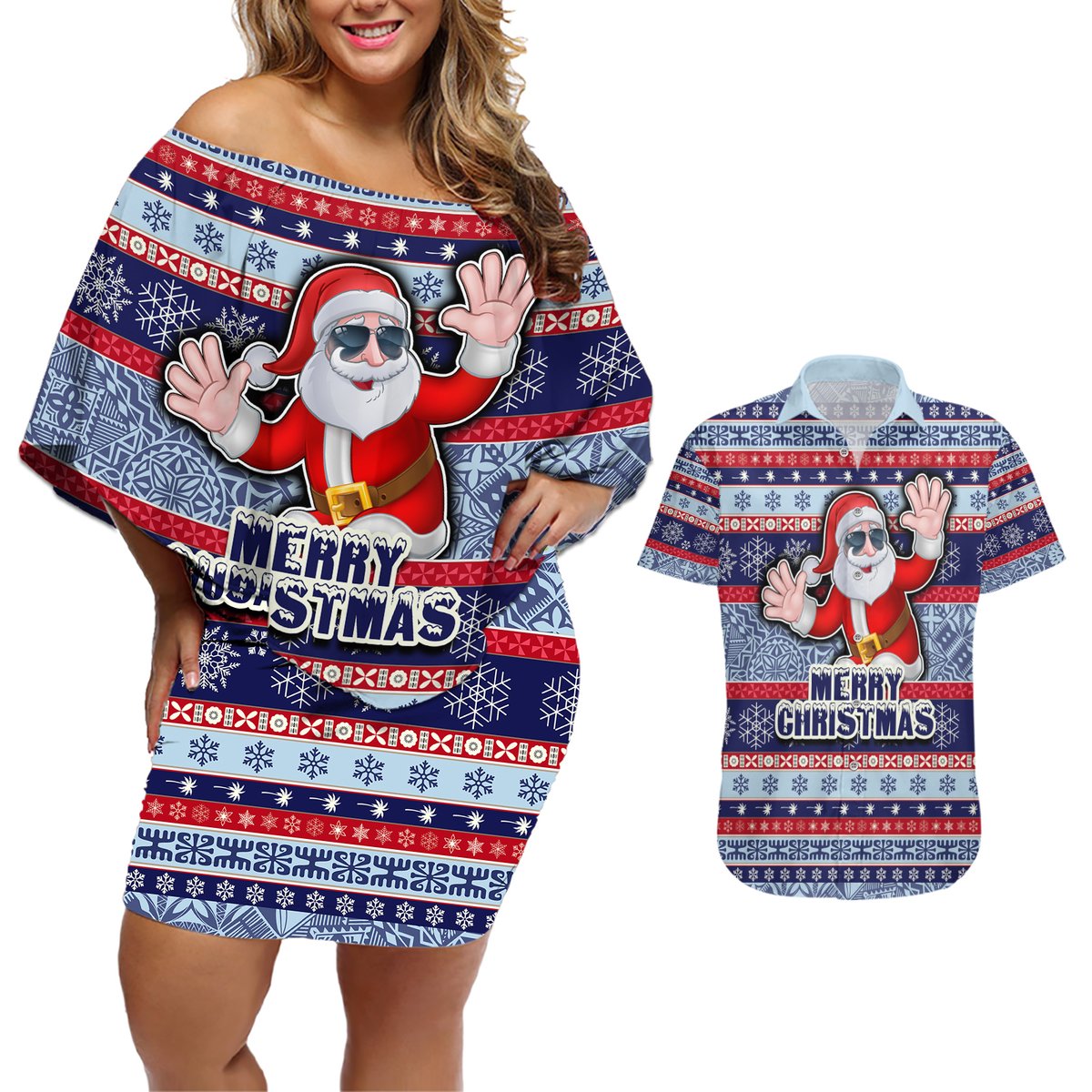 Custom Fiji Christmas Couples Matching Off Shoulder Short Dress and Hawaiian Shirt Fijian Santa and Coat of Arms Mix Tapa Pattern Striped Style LT03 Blue - Polynesian Pride