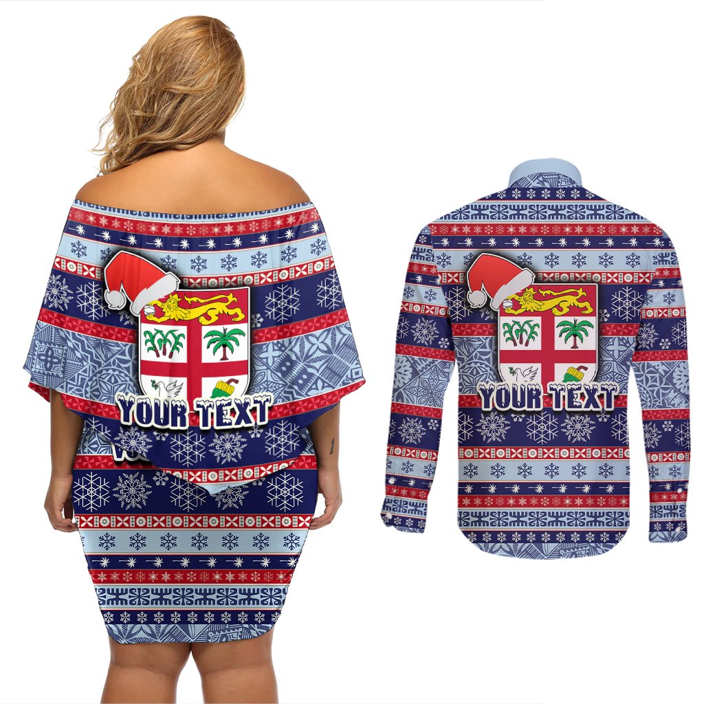 Custom Fiji Christmas Couples Matching Off Shoulder Short Dress and Long Sleeve Button Shirts Fijian Santa and Coat of Arms Mix Tapa Pattern Striped Style LT03 - Polynesian Pride