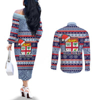 Custom Fiji Christmas Couples Matching Off The Shoulder Long Sleeve Dress and Long Sleeve Button Shirts Fijian Santa and Coat of Arms Mix Tapa Pattern Striped Style LT03 - Polynesian Pride